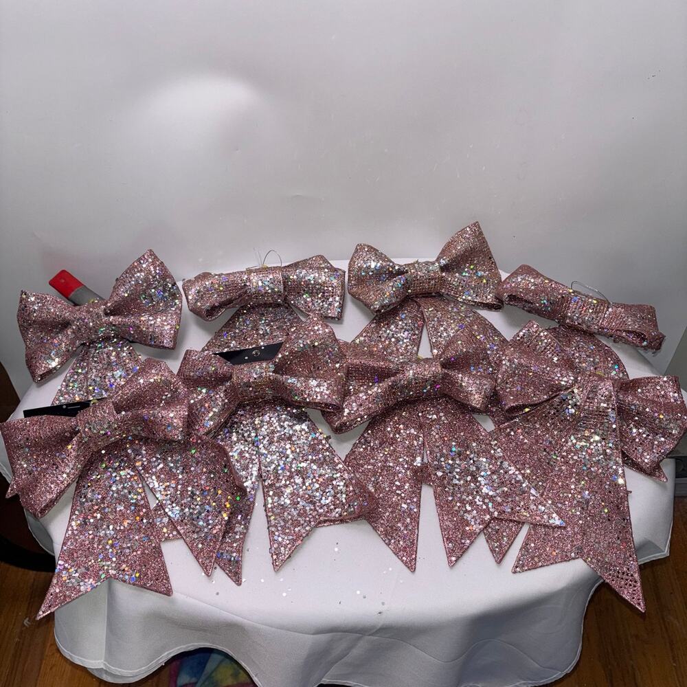 Glittery Pink Bow Decorations - Lot of 8